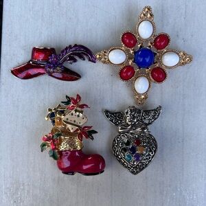 Vintage Brooch Lot of 4 –Enamel Pins –Red Hat, Sarah Coventry, Angel, Christmas
